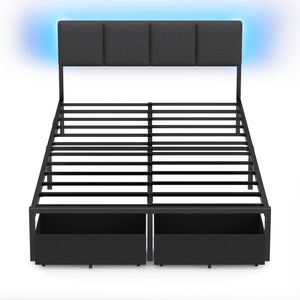 Full Size Bed Frame with LED Lighting, USB Charging & Storage Drawers