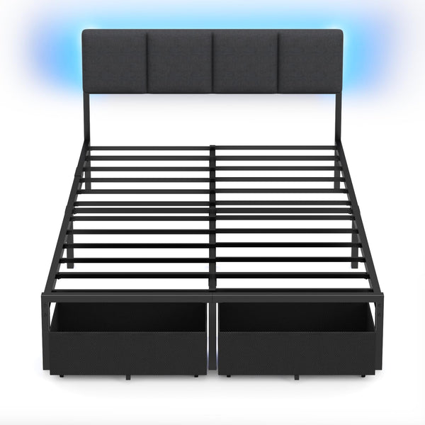 Full Size Bed Frame with LED Lighting, USB Charging & Storage Drawers
