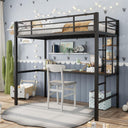 Twin Size Metal Loft Bed with Desk and Storage Shelves