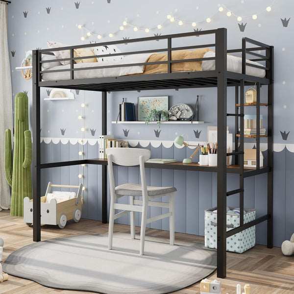 Twin Size Metal Loft Bed with Desk and Storage Shelves