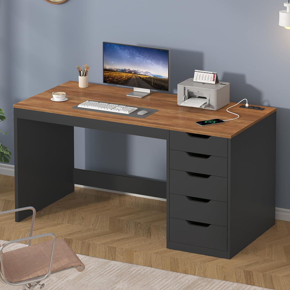 47-Inch Computer Desk with 5 Drawers & Power Outlets