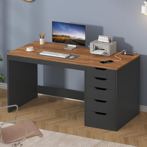 47-Inch Computer Desk with 5 Drawers & Power Outlets