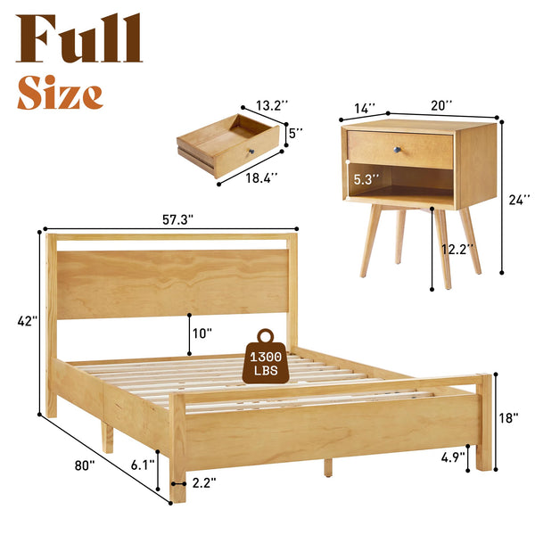 3-Piece Solid Wood Bedroom Set with Platform Bed & Nightstands