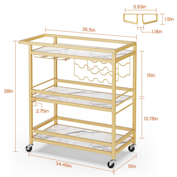 3-Tier Rolling Bar Cart with Wine Rack & Glass Holder