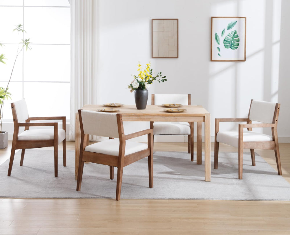 Upholstered Dining Chairs with Arms – Beige Linen & Natural Wood