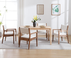 Upholstered Dining Chairs with Arms – Beige Linen & Natural Wood