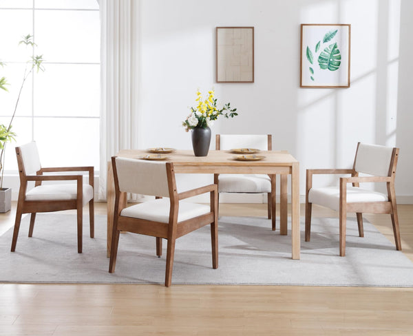 Upholstered Dining Chairs with Arms – Beige Linen & Natural Wood