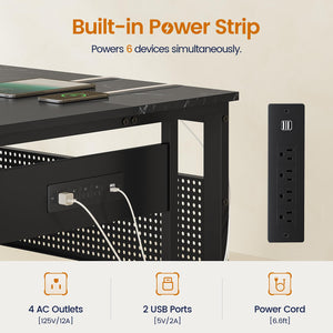 L-Shaped Executive Desk with Power Outlets, File Drawers & Storage