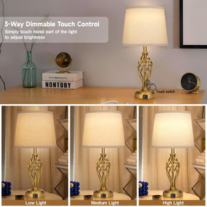 Touch Bedside Table Lamps Set of 2 with USB Charging Ports