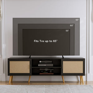 65-Inch TV Stand with Rattan Doors & Storage Cabinets