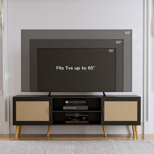 65-Inch TV Stand with Rattan Doors & Storage Cabinets