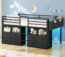 Low Loft Bed Twin with 8 Storage Drawers, Bookcase & LED Lights
