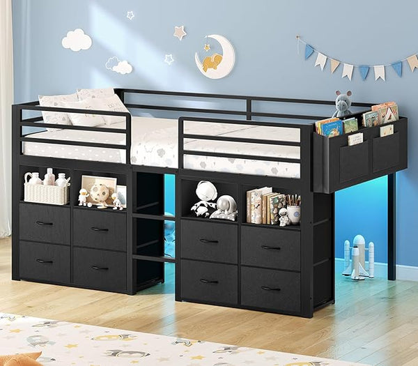Low Loft Bed Twin with Storage Drawers, Bookcase & LED Lights