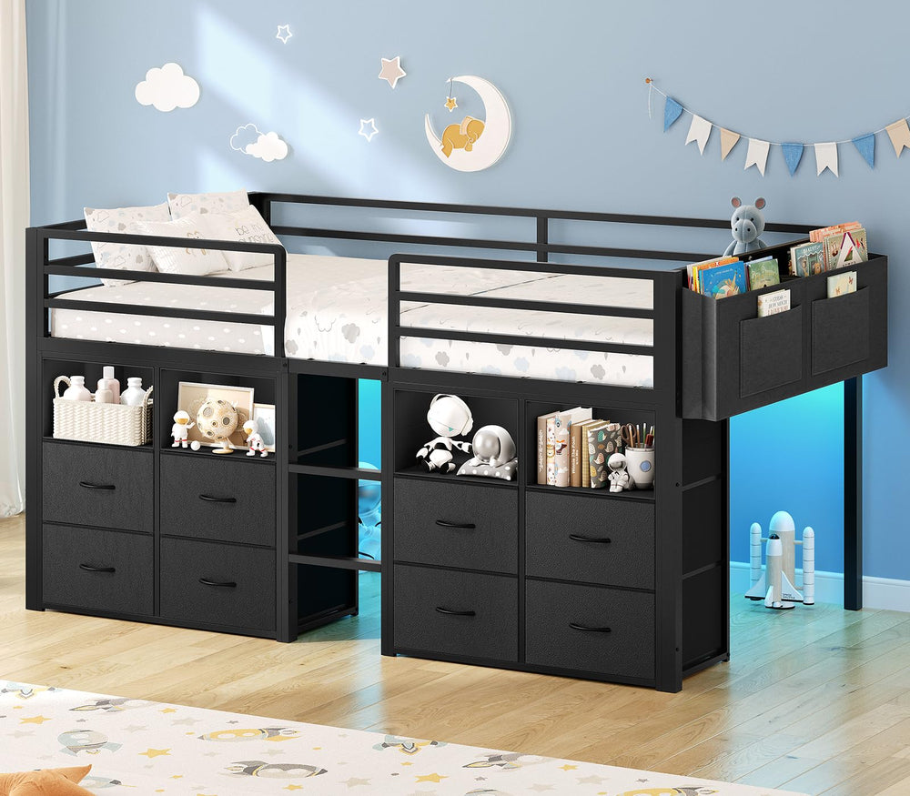 Twin Kids Loft Bed with Storage Drawers, Bookcase & LED Lights