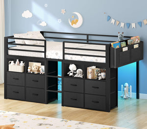 Twin Kids Loft Bed with Storage Drawers, Bookcase & LED Lights