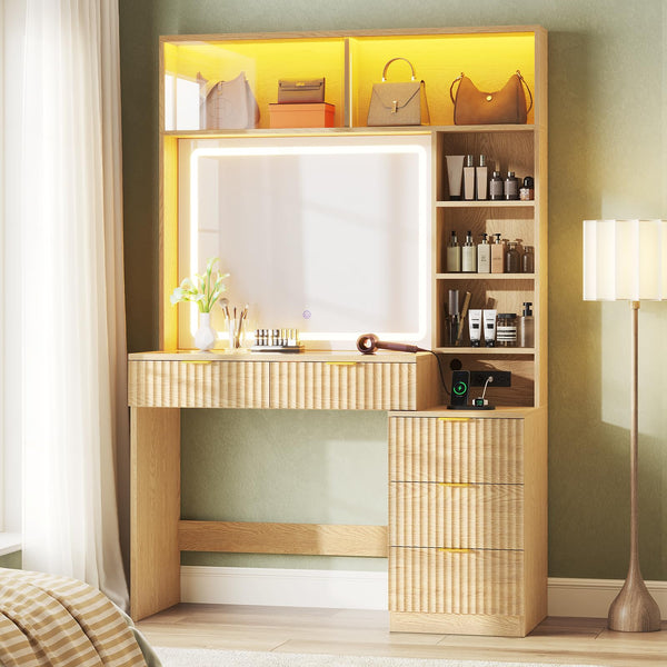 Fluted Vanity Desk with Mirror & LED Lights