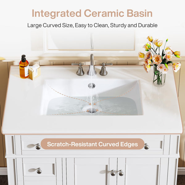 36-Inch Bathroom Vanity with Sink, 4 Drawers & 2 Doors, Solid Wood Frame