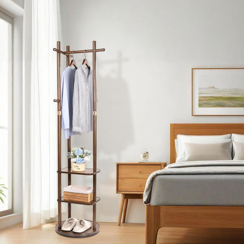 Freestanding Rotary Coat Rack with Shelves & Hooks