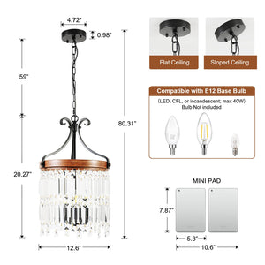 Small Crystal Chandelier 3-Light Farmhouse Pendant