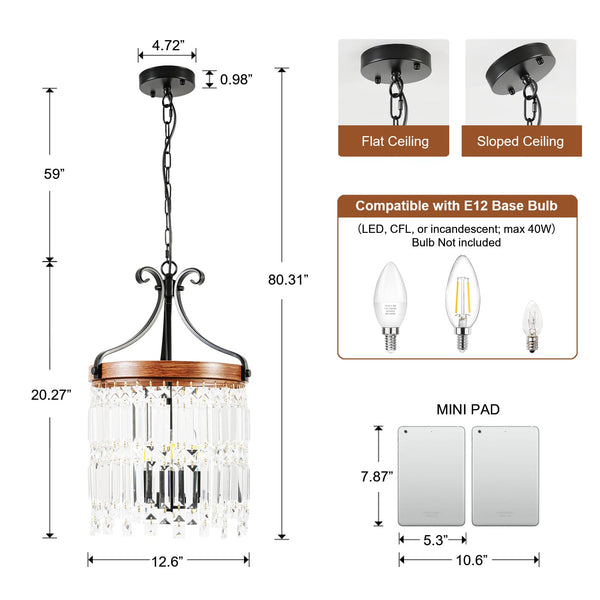 Small Crystal Chandelier 3-Light Farmhouse Pendant