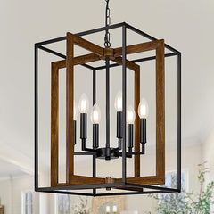 6-Light Rustic Farmhouse Chandelier with Faux Wood & Metal Frame