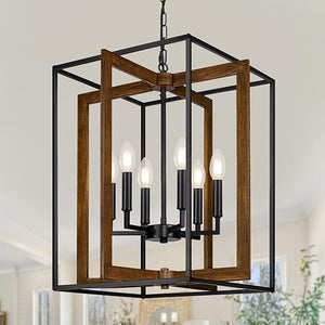 6-Light Rustic Farmhouse Chandelier with Faux Wood & Metal Frame