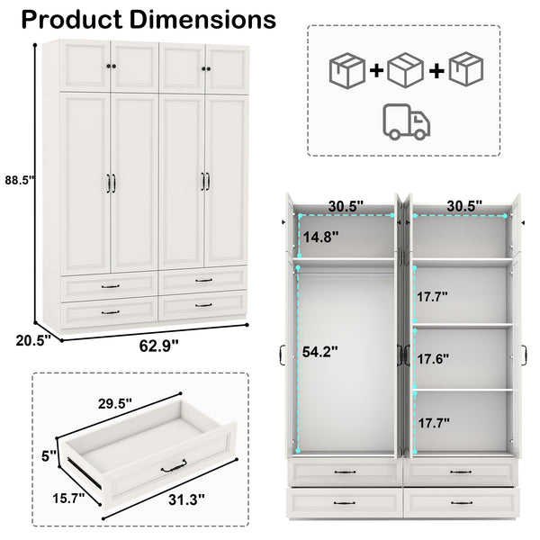 Tall Wardrobe Armoire with 4 Doors & 4 Drawers