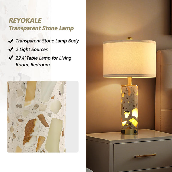 Stone Table Lamp with Night Light & USB Ports – Set of 2