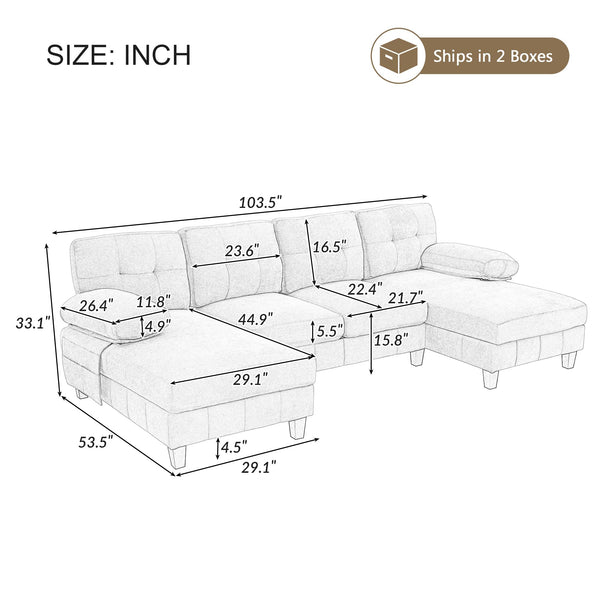 U-Shaped Sectional Sofa with Dual Chaise Lounges & Storage Pockets
