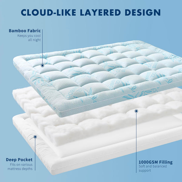 Queen Size Bamboo Mattress Topper | Breathable Pillow Top Pad | Deep Pocket 7–21"