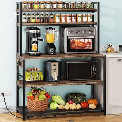 5-Tier Baker's Rack with Power Outlets and Microwave Stand, 38 Inch Kitchen Shelf with Storage