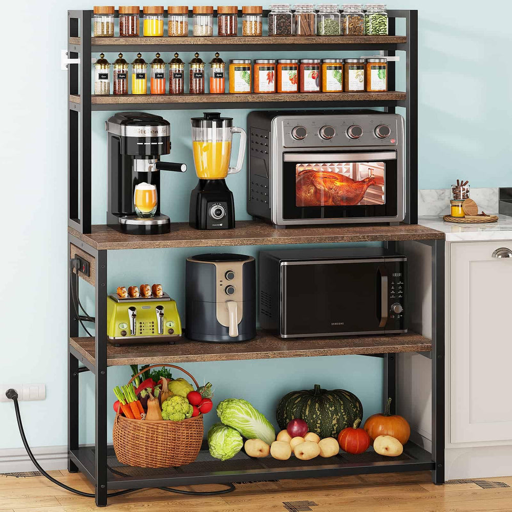 5-Tier Baker's Rack with Power Outlets and Microwave Stand, 38 Inch Kitchen Shelf with Storage