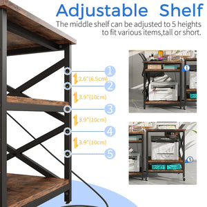 3-Tier Rolling Printer Cart with Power Outlet & Adjustable Shelf
