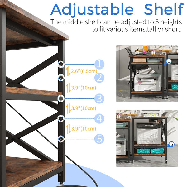 3-Tier Rolling Printer Cart with Power Outlet & Adjustable Shelf