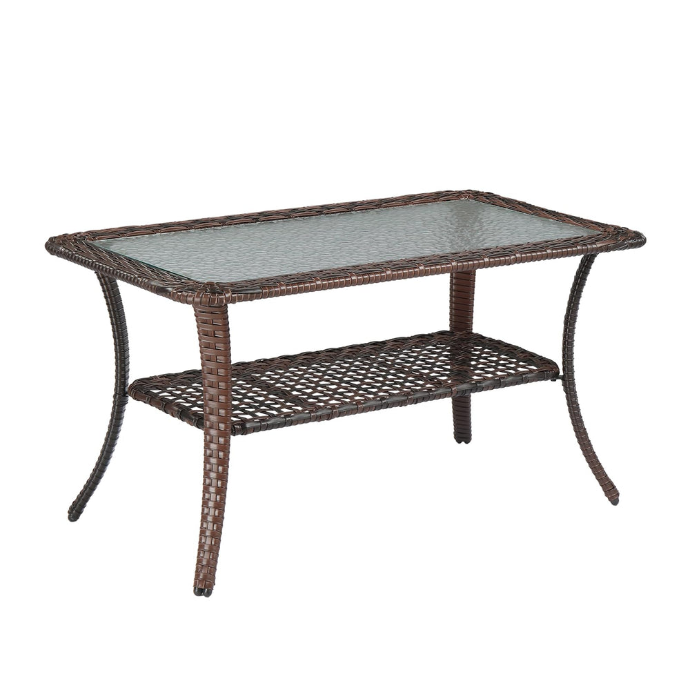Outdoor Wicker Coffee Table with Storage & Tempered Glass Top