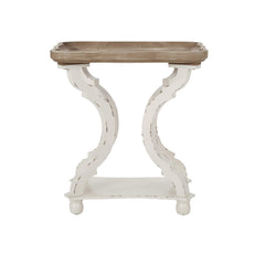 French Country Accent End Table – Hourglass Base, Distressed White & Natural