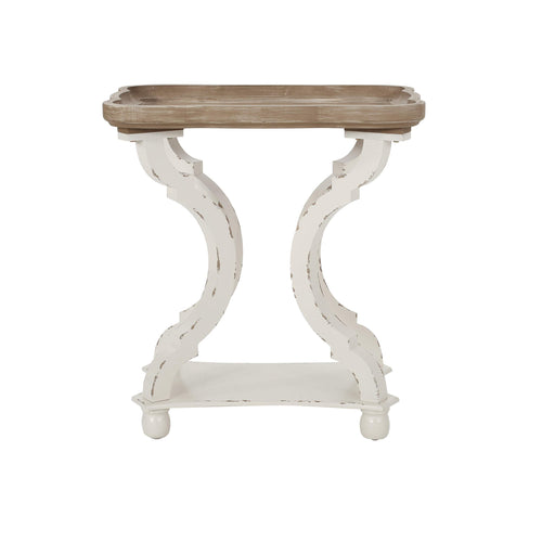 French Country Accent End Table – Hourglass Base, Distressed White & Natural