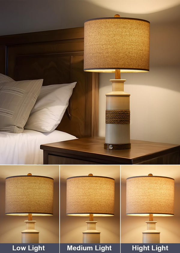 Boho Rattan Table Lamps Set of 2 with Touch Dimmer & USB Ports