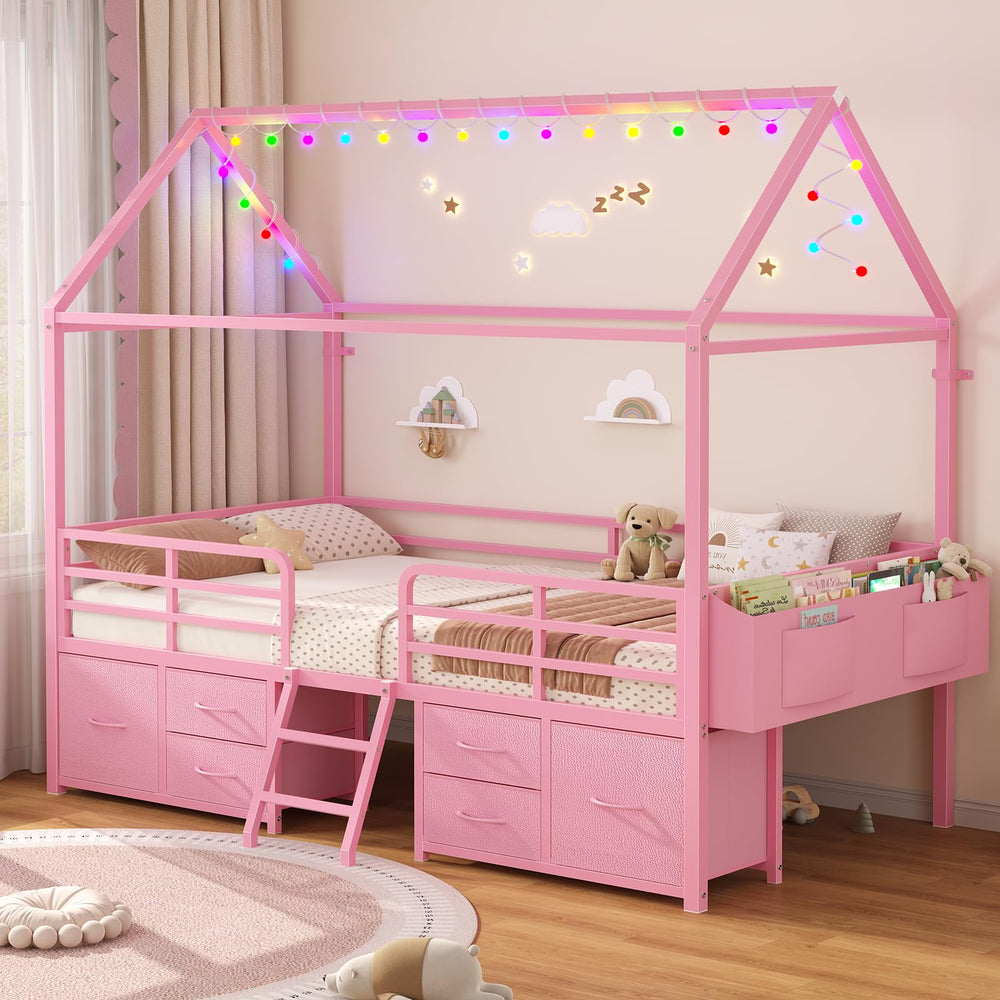 Twin House Bed Frame with Storage Drawers & LED String Lights