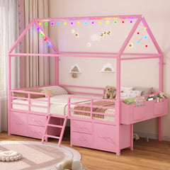 Twin House Bed Frame with Storage Drawers & LED String Lights