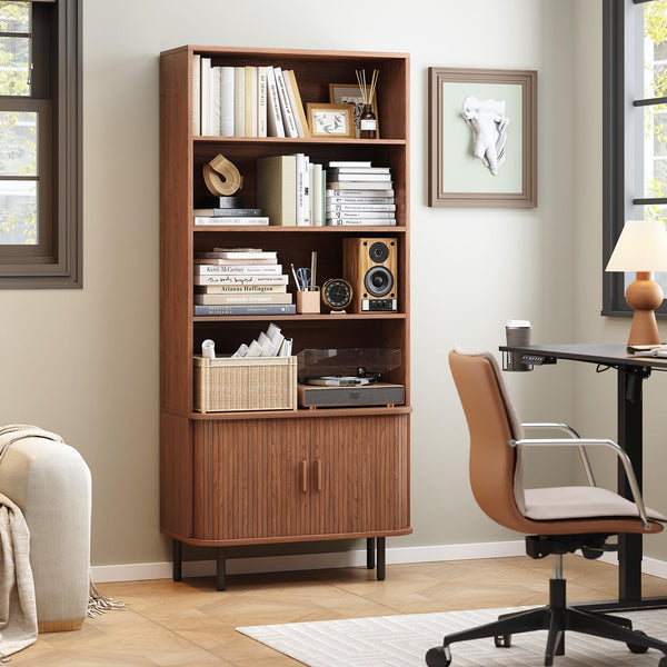 71" 4-Tier Bookshelf with Sliding Door Storage Cabinet