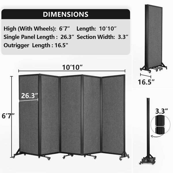 5-Panel Folding Room Divider with Wheels – 10'6"W x 6'7"H