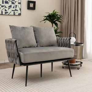 Woven Loveseat Sofa with Velvet Cushion & Metal Legs