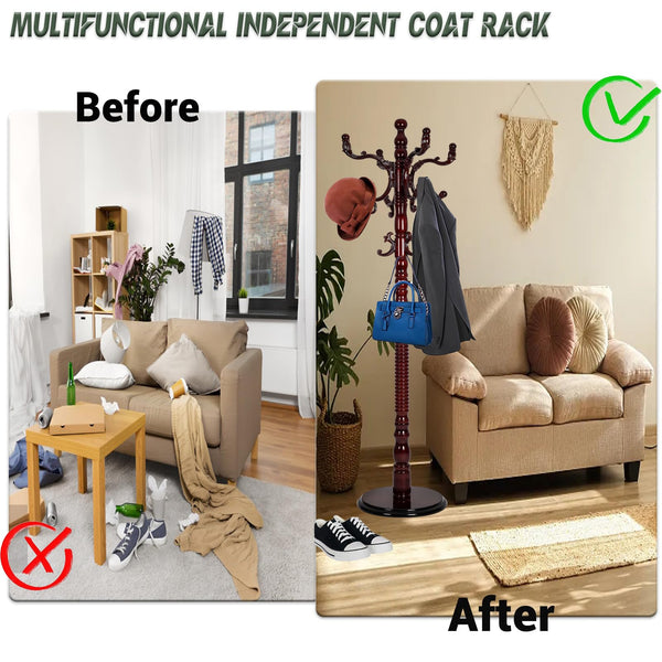 Wooden Coat Rack Stand with 14 Hooks, Adjustable Height
