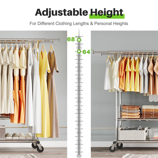 Rolling Garment Rack with Metal Basket & Dual Rod