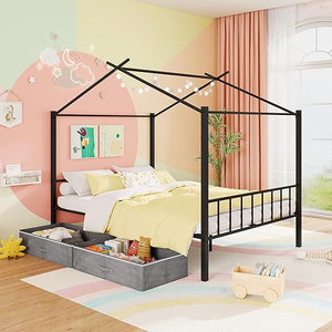 Full Size Metal House Bed with 2 Storage Drawers