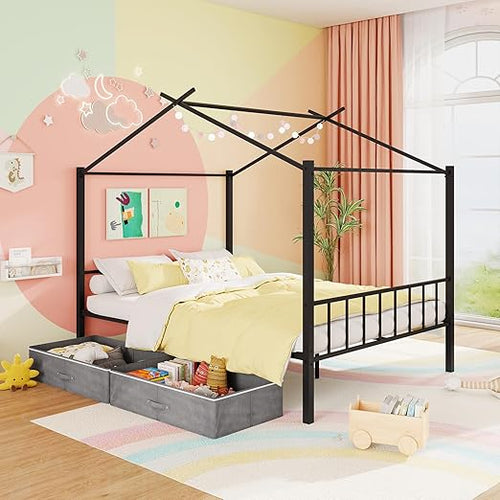 Full Size Metal House Bed with 2 Storage Drawers