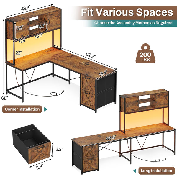L-Shaped Desk with Drawers, Hutch & LED Lights