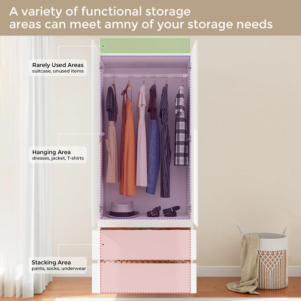 Wooden Armoire Wardrobe Closet with Drawers & Hanging Rod