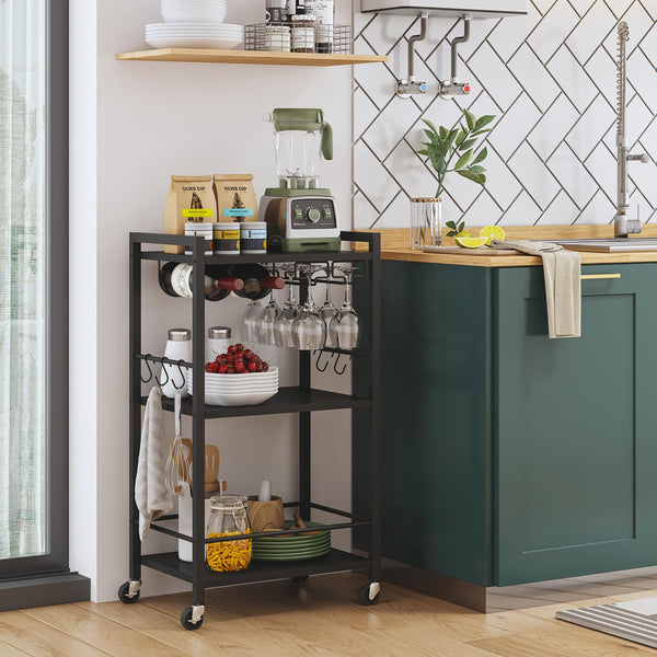 3-Tier Bar Cart with Wine Rack, Glass Holder & S-Hooks